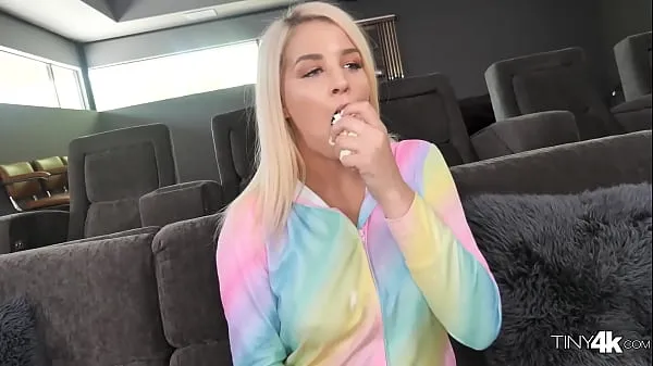 Nya Super tiny blond watches and movie and gets super horny...touches her pussy then a giant cock (Sophia Lux) Tiny4k energivideor