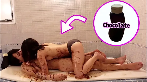 Fresh Chocolate slick sex in the bathroom on valentine's day - Japanese young couple's real orgasm energy Videos