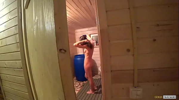 Met my beautiful skinny stepsister in the russian sauna and could not resist, spank her, give cock to suck and fuck on table Video tenaga segar